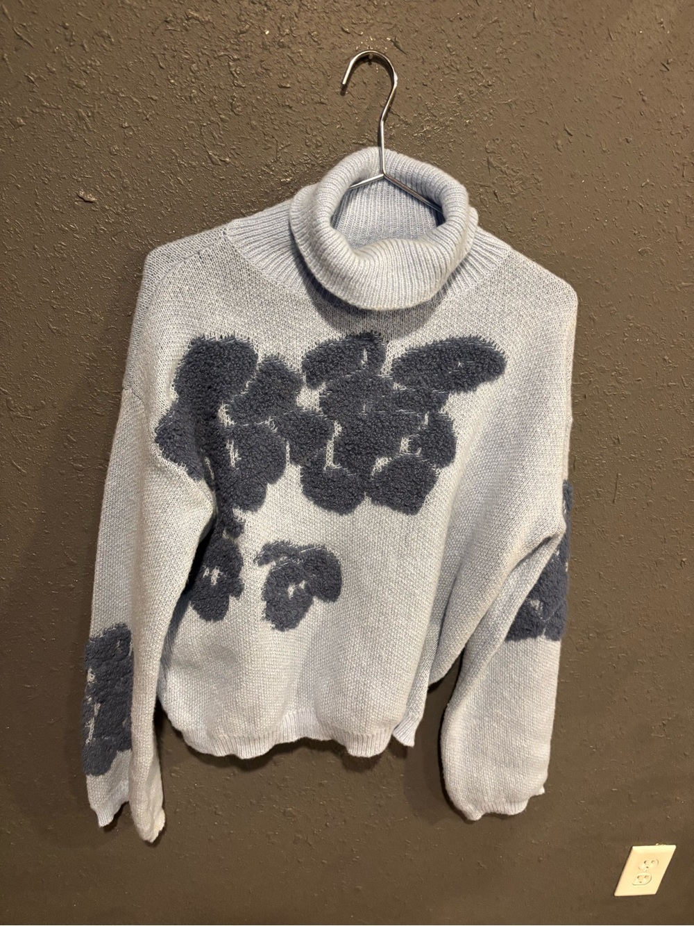 SHEIN Light Blue Turtleneck Sweater with Navy Floral Patches